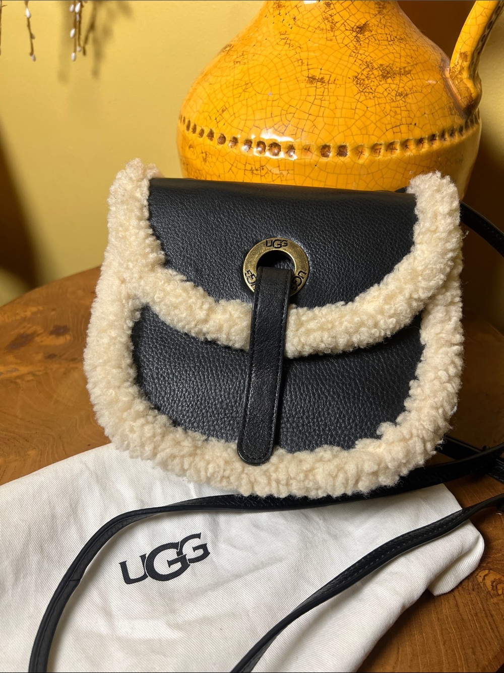 UGG Heritage Mini Leather Crossbody with Cream Shearling Trim